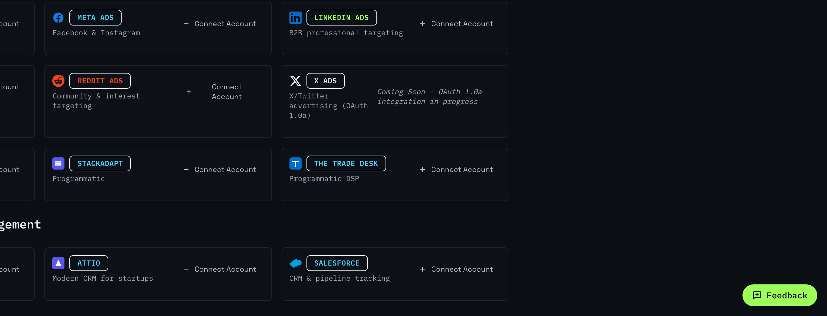 Synter platform connections showing Google Ads, Meta, LinkedIn and other integrations
