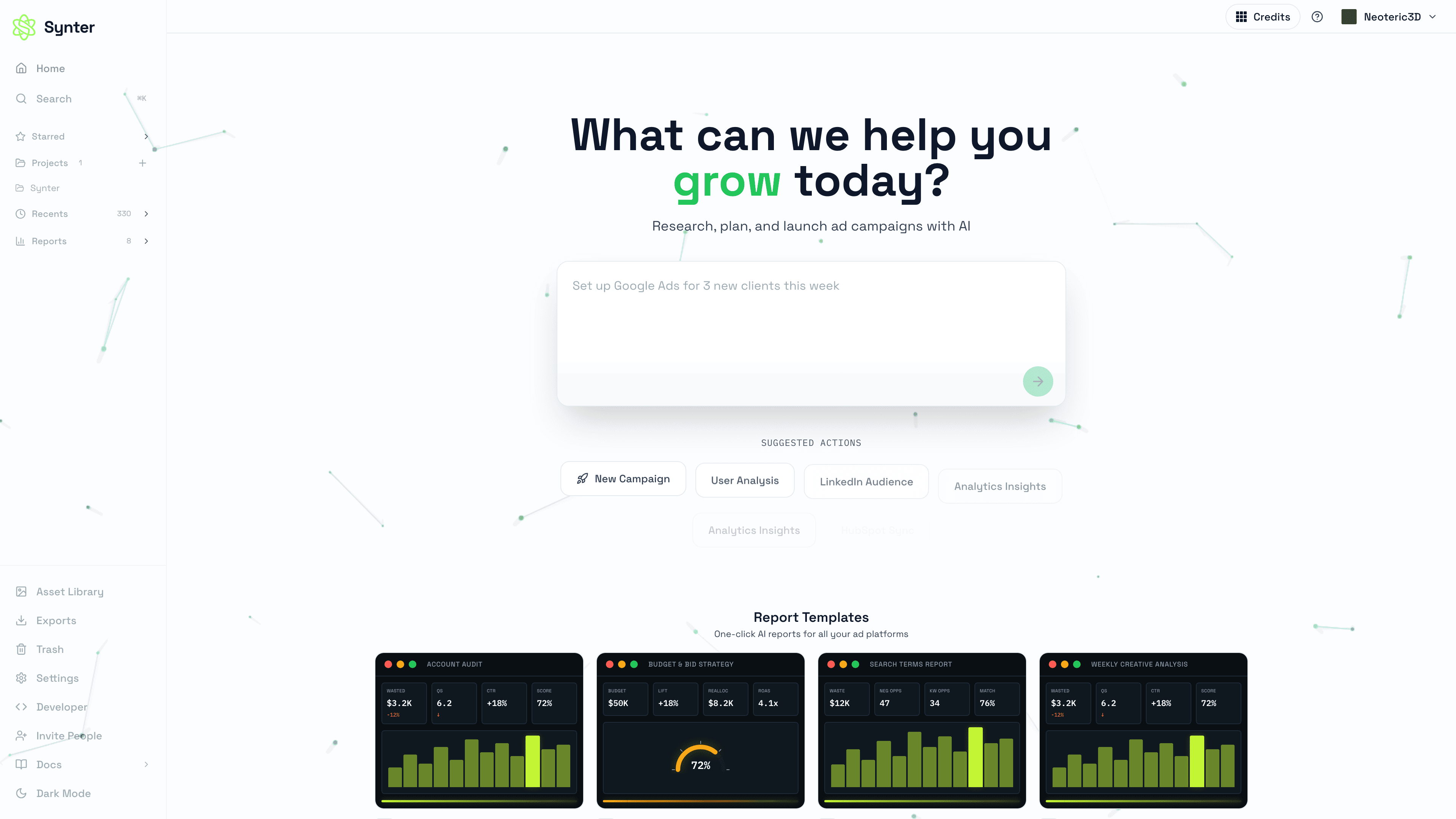 Synter Campaign IDE showing natural language prompt, suggested actions, and report templates